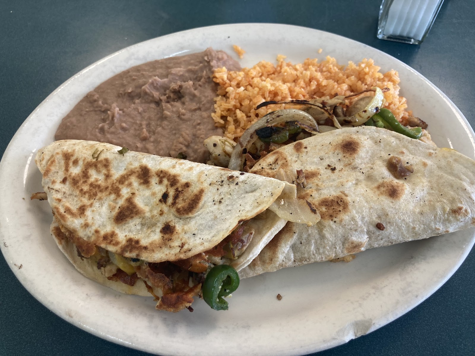Grilled quesadilla plate with rice and beans